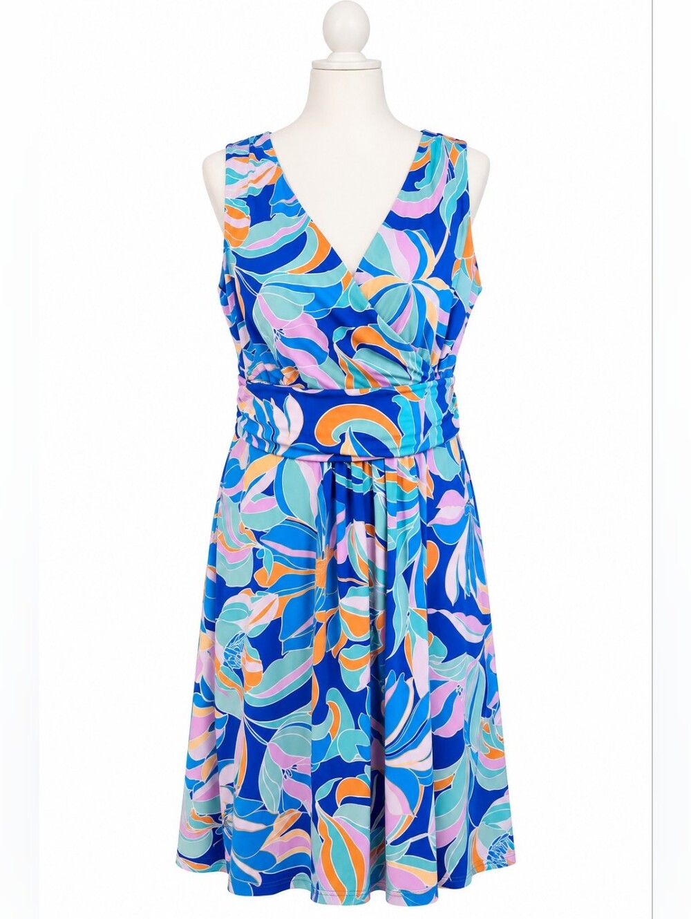 Pappagallo Blue Multicolor V-Neck Sleeveless Shift Dress